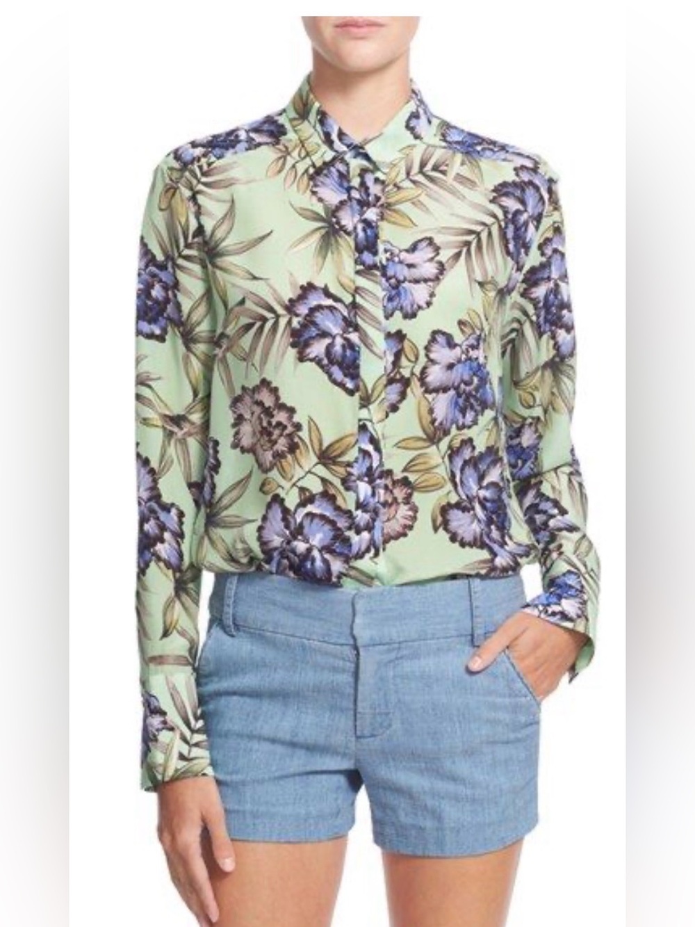 Alice + Olivia 'Aravi' Floral Print long sleeve Button Down 100% silk fe